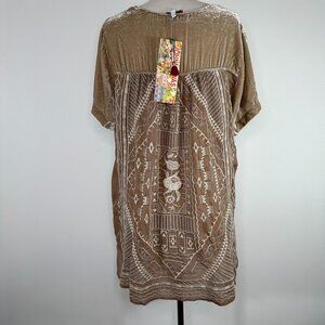 NWT JWLA Johnny Was Mixed Media Short Sleeve Top Tan Velvet Front Silk Back Sz L